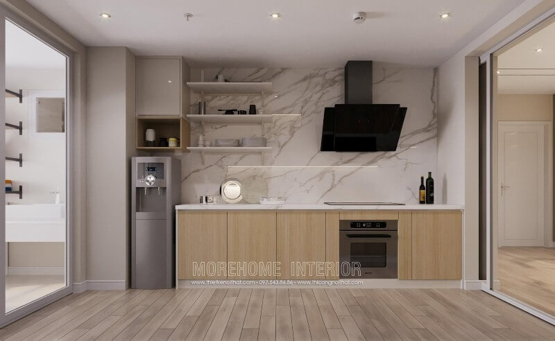Tủ bếp gỗ công nghiệp MDF màu nâu sáng thiết kế nhiều ngăn hỗ trợ lưu chứa đồ đạc cho người nội trợ Tủ bếp hiện đại
